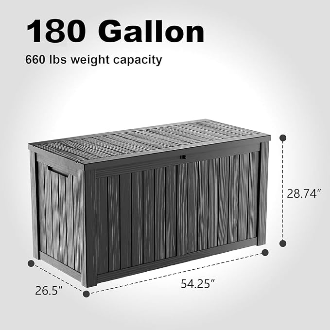 ROJIK 180 Gallon Waterproof Outdoor Deck Storage Box, Lockable Resin Patio Storage Bin with Lid for Garden Tools, Patio Cushions & Outdoor Accessories(Black)