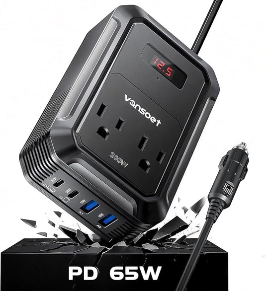 200W Car Power Inverter DC 12V to 110V AC Inverter with PD 65W/30W USB C & 2 QC 18W USB Ports & 2 AC Outlets,Car Pluɡ Adapter Outlet for Laptop/Phone/Road Trip