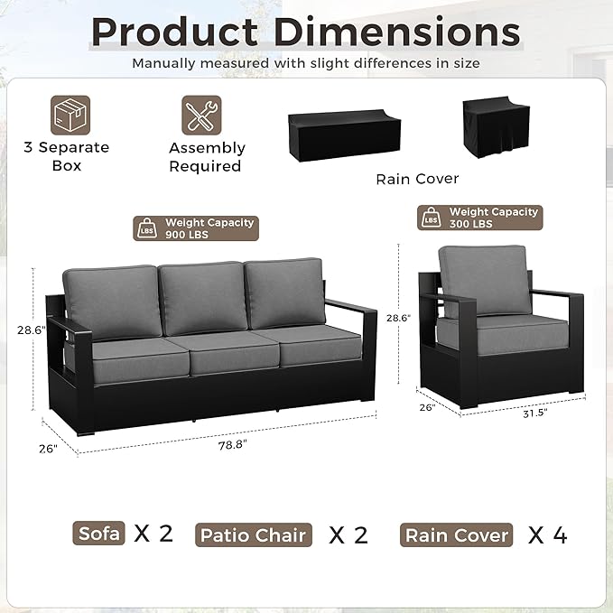 Outdoor Patio Furniture Set, 4-Piece Aluminum Patio Conversation Set All-Weather Metal Outdoor Sectional with 6 Inch Thick Cushions, Deep Setting for Garden, Outside and Porch, Grey