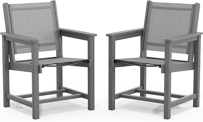 SERWALL Outdoor Dining Chairs Set of 2, All-Weather HDPE and Textilene Material Patio Chairs, Black