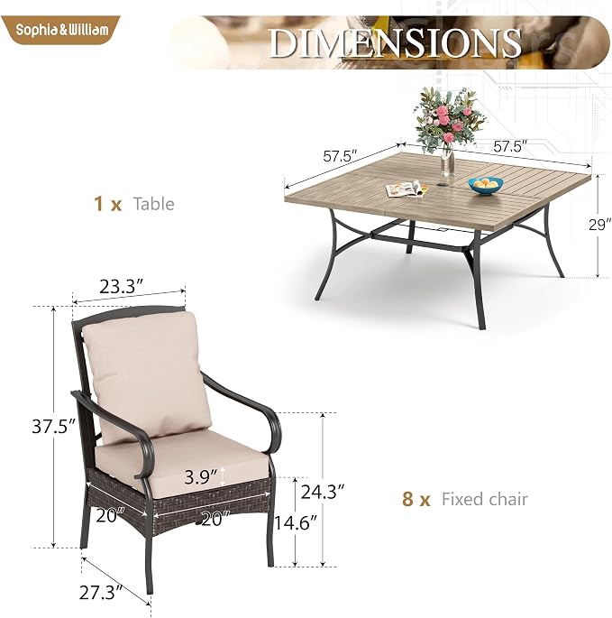 Sophia & William Metal Outdoor Dining Set for 8 Patio Outdoor Table and Chairs with 57.5” Large Square Dining Table(1.9" Umbrella Hole) & 8 Heavy-Duty Padded Outdoor Chairs, Deck Lawn Furniture Set