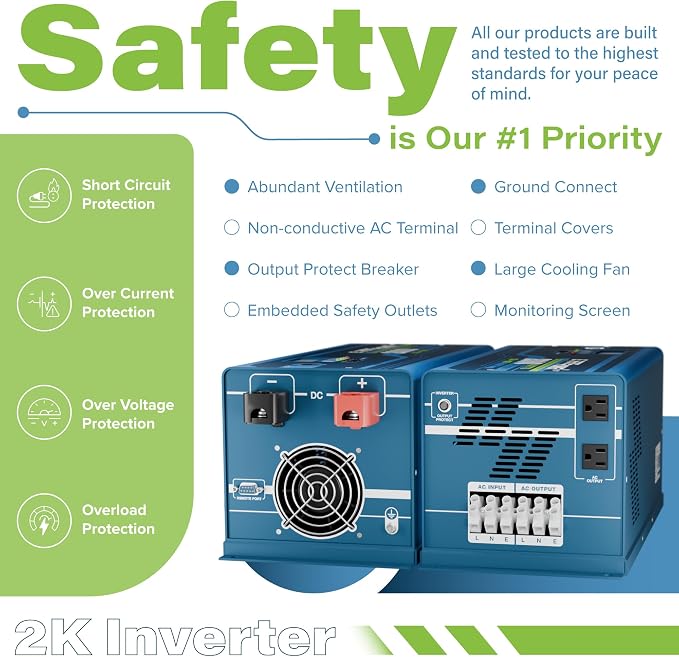 ExpertPower 2000W Pure Sine Wave Inverter Charger | Peak 6000W | DC 12V - AC 110V | LifePO4/ Lithium Battery Compatible | Auto Transfer Switch | External Display