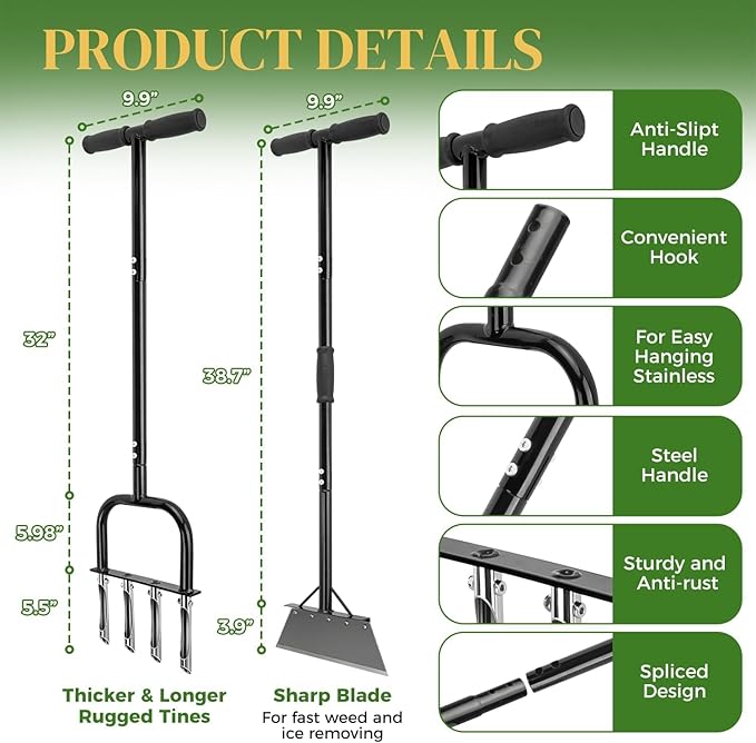 2-in-1 Lawn Aerator & Weeding Tool Set, SnowShovel - Multifunctional Garden Soil Aerator,Weed Remover, and Snow Shovel for SmallLawns, Tight Corners, and Yard Care