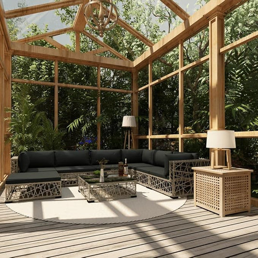 8 Piece Patio Lounge Set with Cushions, Front Porch Furniture Outdoor Dining Sets Porch Furniture Set Patio Conversation Set for Garden Exhibition Poolside Negotiation Area Poly Rattan Gray