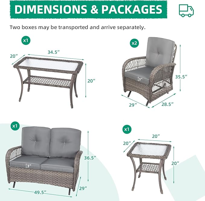 VIVIJASON 5-Piece Outdoor Patio Wicker Conversation Sets, All Weather Outdoor Rattan Furniture Set Includes Glider Loveseat, 2 Coffee Table, 2 Glider Rocker Chairs with Cushions, Grey
