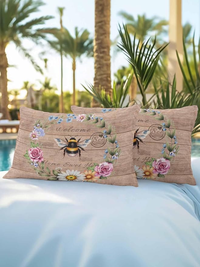 Outdoor Waterproof Throw Pillows Farmhouse Bee Flower Wreath Patio Pillows Pack of 2,Decorative Pillow Covers with Insert,Pillow Cushion Case for Garden Couch Sofa Farm Retro Wood Board