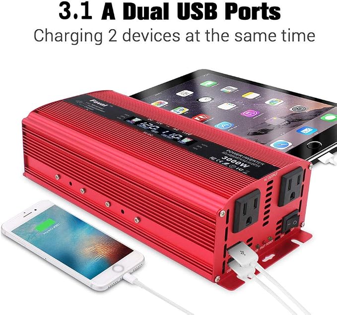 Yinleader Power Inverter 2000W DC 12V to 110V AC Car Converter with Intelligent LCD Display Dual AC Outlets Dual USB Charging Port for for RV Truck Laptop(Red)