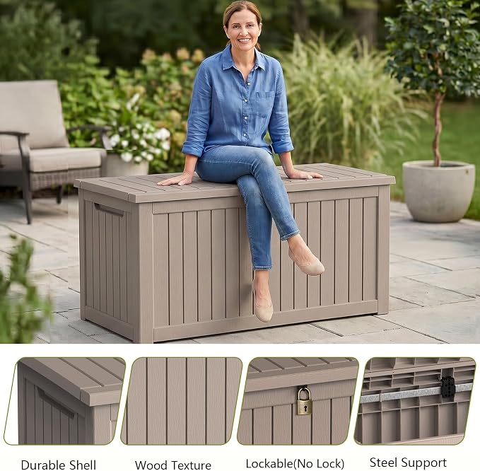 Waterproof Outdoor Storage Box Outside Deck Box Lockable Resin Bench UV Resistant Furniture Cushion Pool Tool Float Bin Patio Garden Porch (Grey, 325 Gallon)