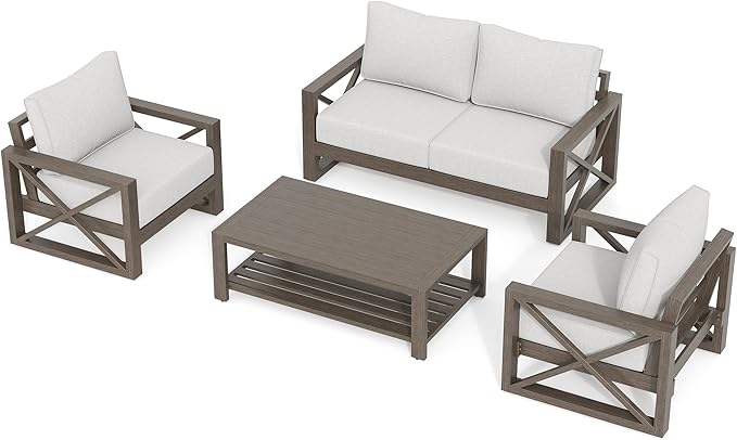 UDPATIO 4 Piece Faux Wood Aluminum Patio Furniture Set Modern Patio Conversation Set with Coffee Table for Balcony, Backyard, Deck, 600D Waterproof Furniture Cover Included, Light Grey