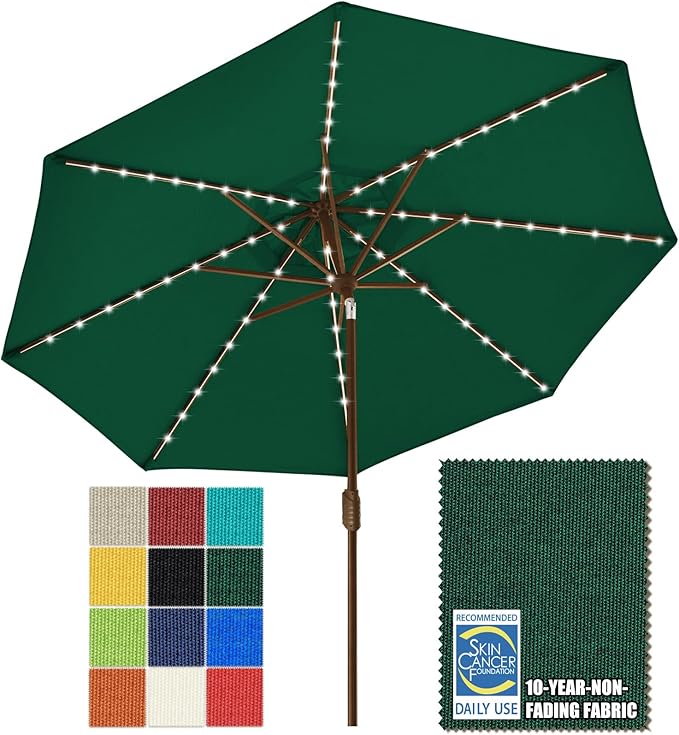EliteShade USA 10-Year-Non-Fading 9ft Market Patio Umbrella, Commercial Grade Table Sun Umbrella with 80 Solar LED Lights, Crank Open, Windproof & UPF 50+ UV Protection for Garden, Deck, Pool, Backyard, Forest Green