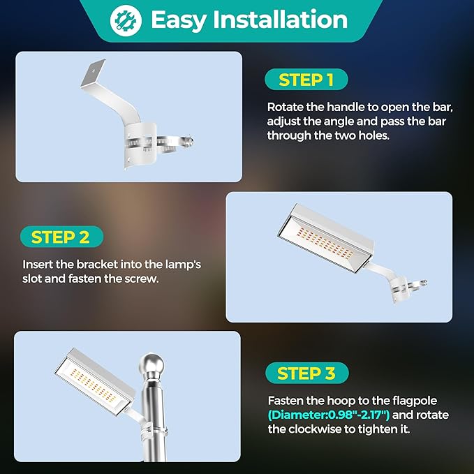Solar Flag Pole Lights Outdoor 1 Pack, 48 LED Bright Flagpole Lighting 3 Color in 1 with Cool/Warm/Daylight White Modes, Auto On/Off, IP65 Waterproof for Outside House Garden RV Flags Decor