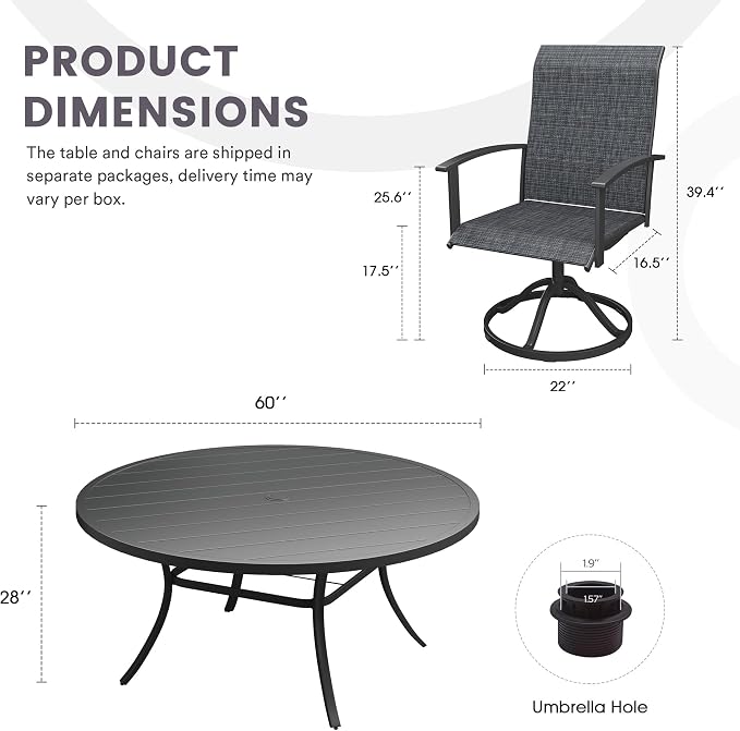 9 Pieces Outdoor Patio Dining Table Set, 60" All Weather Round Metal Table with Umbrella Hole and 8 High Back Textilene Swivel Chairs for Garden, Lawn, Poolside, Black