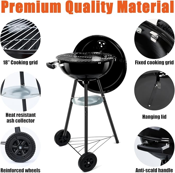 18 Inch Charcoal Grill, Leonyo Portable Barbecue Kettle Grill, Round Smoker with Wheels and Porcelain-Enameled Lid for Outdoor Cooking, Camping, Backyard and Beach, Black
