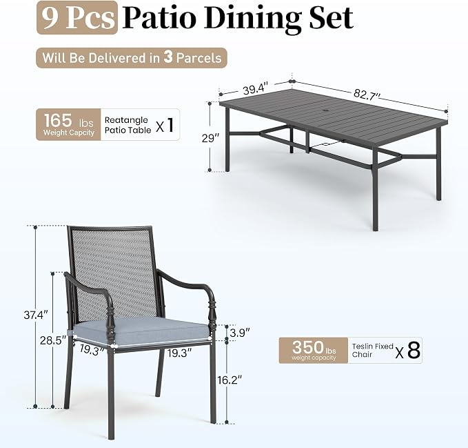 SUNSHINE VALLEY Patio Table and Chairs Set of 8, All-Weather Breathable Metal Mesh Patio Chair with Gourd-Shaped Armrests, 83x39 Rectangle Table with Umbrella Hole, 9 Pcs Metal Frame Patio Dining Set