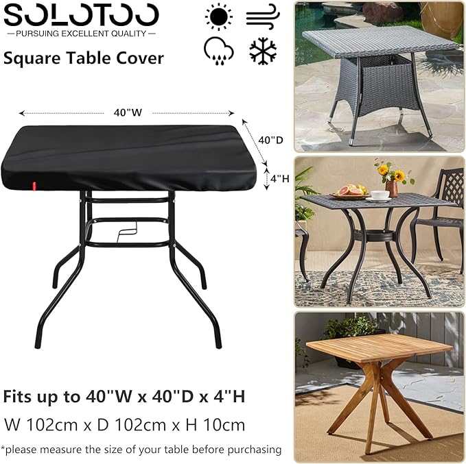 Outdoor Square Table Cover Waterproof UV-Resistant for 40 x 40 Inch Patio Tables - Heavy Duty Weatherproof Table Top Protector with Elastic Hem (Black)