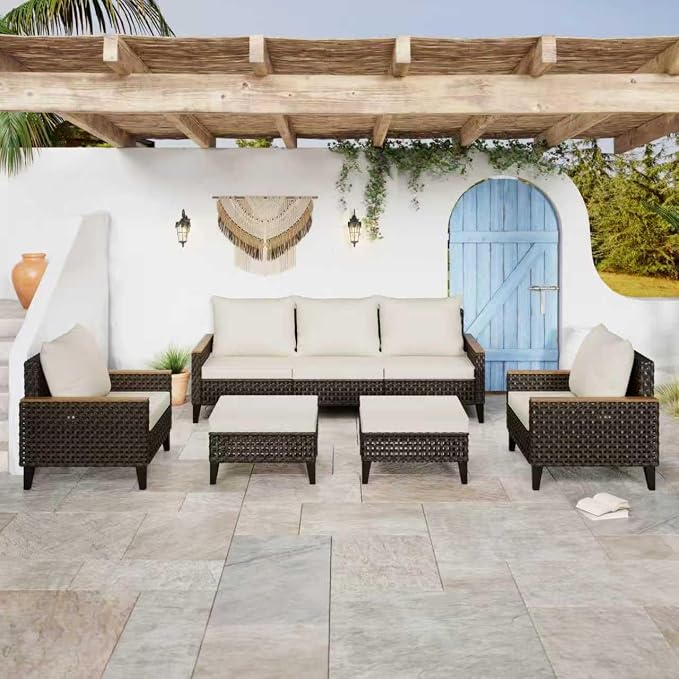 7 Piece Outdoor Sectional Sofa Set, All-Weather Wicker Rattan Patio Furniture Set with High Backrest and Thick Cushions for Garden, Porch, Poolside, Beige