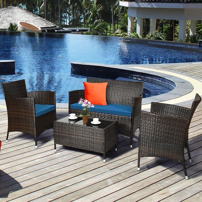 HOMGX 4-Piece Rattan Patio Furniture Set, Sectional Sofa Chair, Wicker Set with Tempered Glass Coffee Table & Thick Cushions, Perfect for Garden, Lawn, Poolside, Backyard (Peacock Blue)