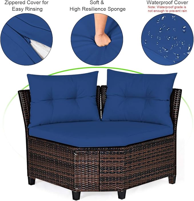 Tangkula 4-Piece C Shape Patio Furniture Set, Outdoor Corner Wicker Rattan Sectional Cushioned Sofa Set, with Glass Coffee Table, for Garden Poolside Balcony (Navy Blue)