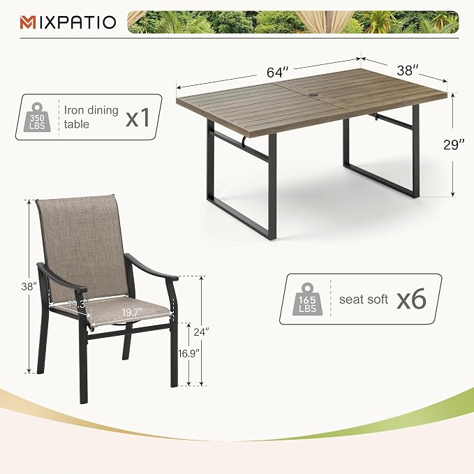 MIXPATIO 7 Pieces Patio Dining Set, 6 Person 64" Rectangle Wood-Like Table and Textilene Chairs, with 1.62"-2" Umbrella Hole, Outdoor Patio Table and Chairs, for Garden Lawn Porch Backyard Poolside