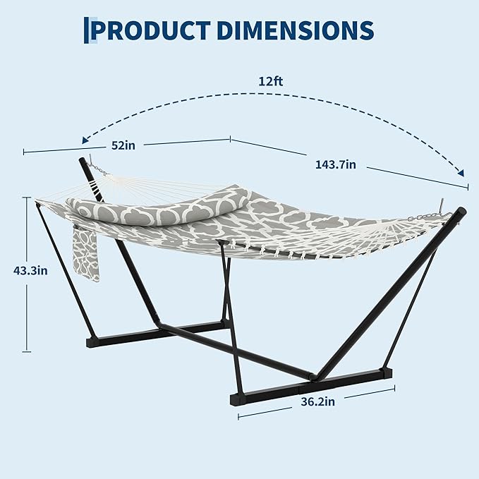 GarveeLife 2 Person Double Hammock with Stand and Pillow - 450 Lbs Capacity Heavy Duty Hammock with Balance Rope, Large Outdoor Hammock for Patio Backyard Poolside