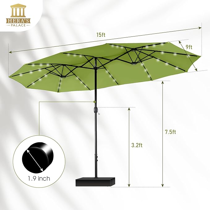 HERA'S PALACE 15ft Patio Umbrella with Base Included Double Sided Outdoor Umbrella for Patio Table Umbrella Outdoor 36 LED Solar Lights for Garden