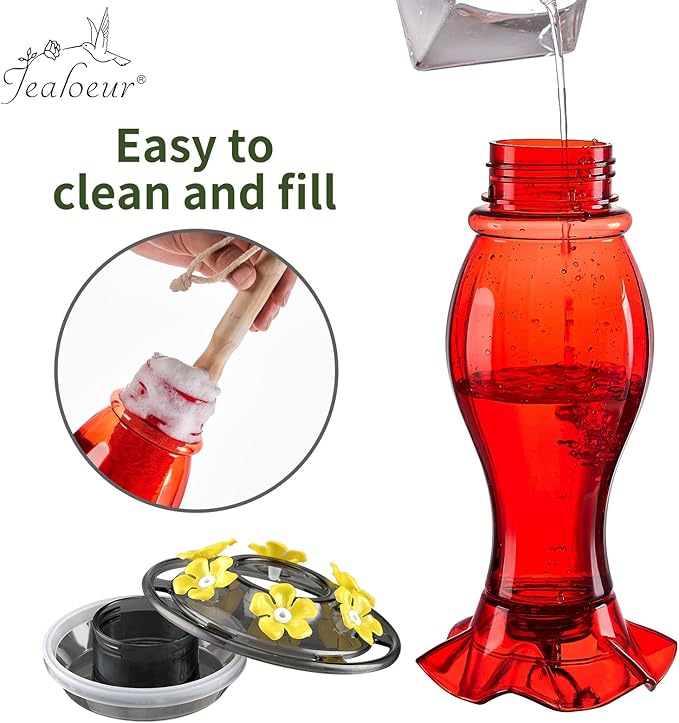 Jealoeur Hummingbird Feeder for Outdoors Hanging, 18 OZ Humming Birds Feeders with 6 Bee Guard Feeding Ports & Built-in Ant Moat, Easy to Clean, Durable Outdoor Garden Decor (Red 2 Pack-CC)