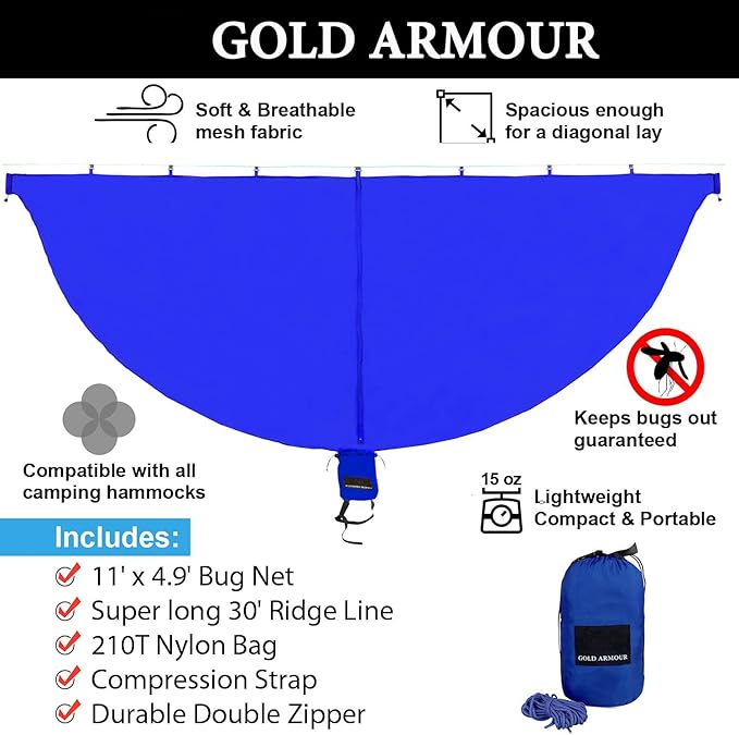 Gold Armour Hammock Bug Net, Mosquito Net Bugs - Premium Mesh Netting, Guardian of No See Um and Insects - Perfect Equipment Gear Accessories for Your Double Hammocks and Single Hammock (Blue)