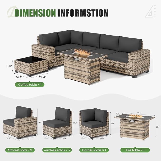 UDPATIO Patio Furniture Set with Fire Pit Table, L-Shaped 8" Armrest Sectional Set, All-Weather PE Rattan Conversation Furniture w ‌Thick Cushions, Coffee Table for Outdoor Backyard Porch Grey