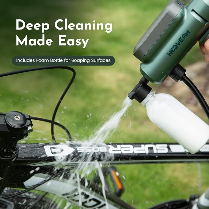 HOOYEAH Portable Cordless Water Sprayer, Lithium Battery Powered Hand-held Sprinkler, Maximum 217 PSI, Five in one Nozzle and Foam Tank, Suitable for Cars, Bicycles, terraces
