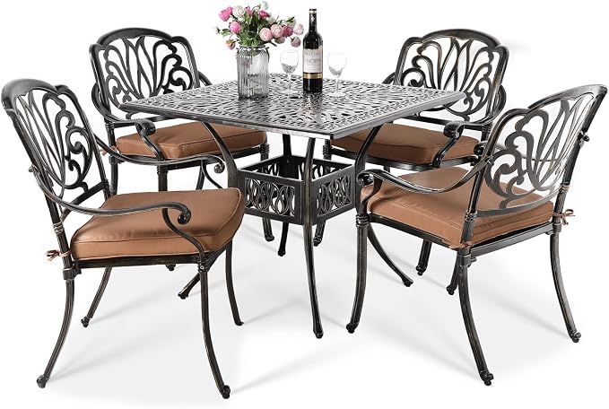 VIVIJASON 5-Piece Outdoor Patio Dining Set, All-Weather Cast Aluminum Conversation Set, Patio Furniture Set for Balcony Lawn Garden, Include 4 Cushioned Chairs, a 35.4" Square Table w/Umbrella Hole