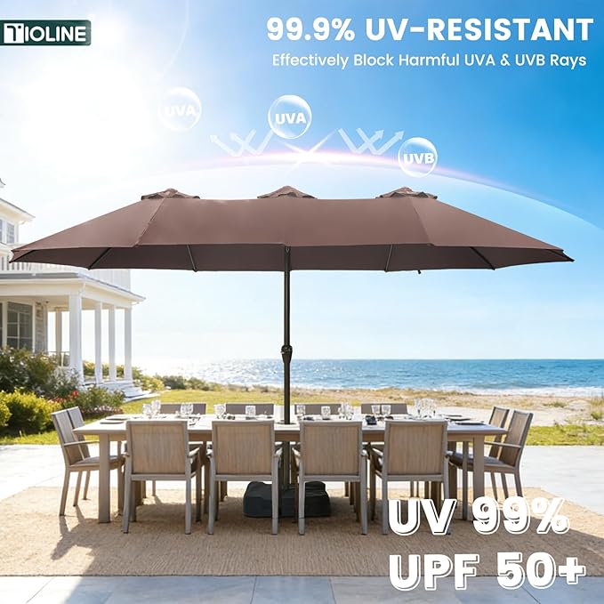 15FT Large Patio Umbrellas with Base Included, Outdoor Double-Sided Rectangle Big Market Umbrella with Stand, Outside Umbrellas for Poolside Lawn Backyard,Brown