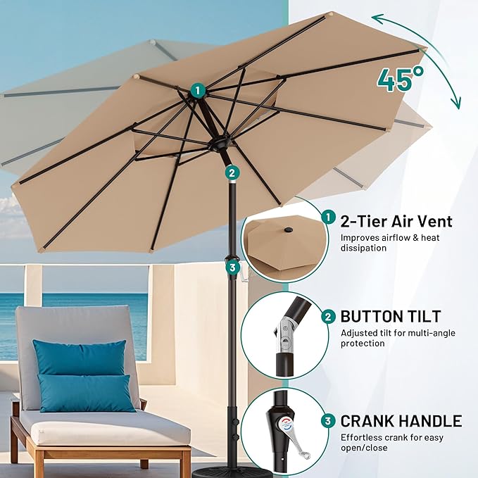 AreShark 10ft 2 Tiers Patio Umbrella - Outdoor Umbrella Waterproof UV Protection, Market Table Umbrella w/Push Button Tilt&Crank for Pool, Porch, Garden(Beige)