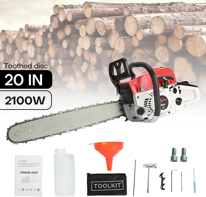 Gas Chainsaw, 20 Inches 58 Cubic Centimeter High Working Efficiency Gas-powered Handheld Chain Saw Chainsaw for Forest Cutting Trees, Wood, Garden and Farm Use (Red)