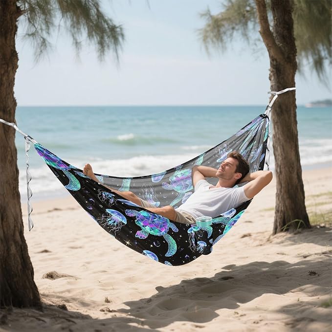Camping Hammock Outdoor Hammocks for Outside Neon Jellyfish Turtle Beach Trees Portable Lightweight with Pockets Tree Straps Indoor Small
