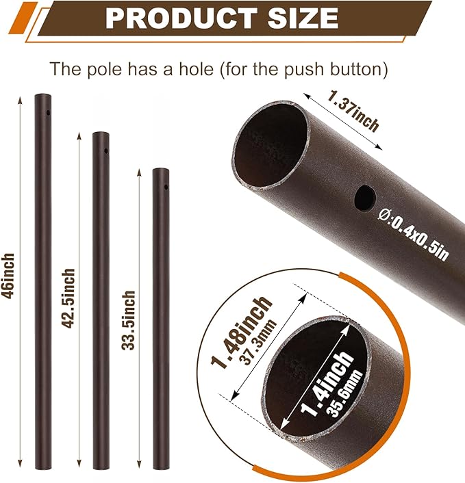 1 Pack 1.5'' Dia Umbrella Replacement Lower Pole, Heavy Steel Patio Umbrella Bottom Pole Replacement, 1.7 mm Thickness, No Bullet Buckle Outdoor