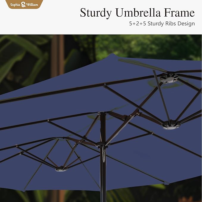 Sophia & William 15 ft Extra Large Patio Umbrella with Base Included, Rectangular Outdoor Umbrella Heavy Duty, Market Umbrella Double-sided Fade Resistant for Pool Garden Backyard, Navy Blue
