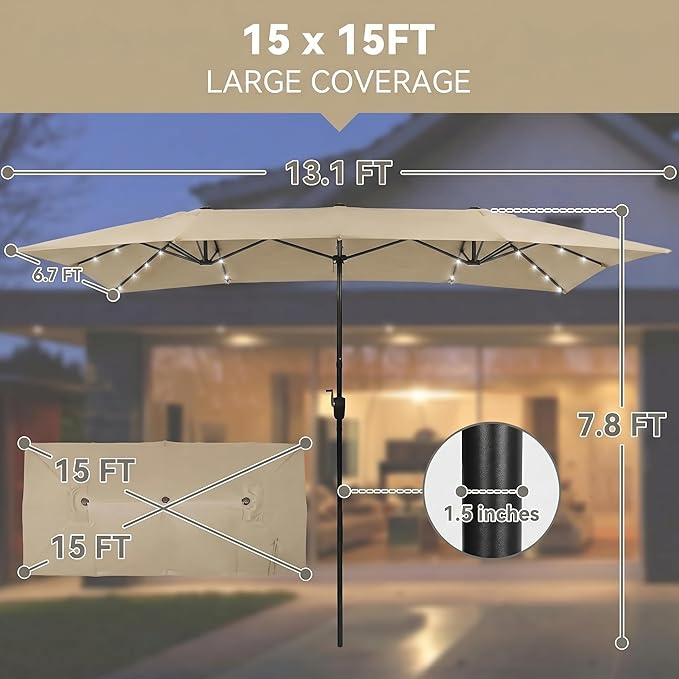15×15ft Outdoor Patio Umbrella, Double Sided Market Rectangle Umbrella with Crank Handle, Large Sun Shade for Outside Deck, Backyard, Garden