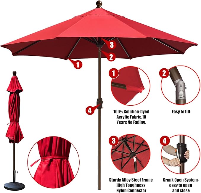 EliteShade USA 10-Year-Non-Fading 10Ft Market Patio Umbrella, UPF 50+ UV Protection Performance Sun Umbrella, Heavy Duty Commercial Grade Outdoor Table Umbrella with Crank & Tilt, Windproof Vented Top for Garden, Pool, Deck and Outdoor Playsets, Logo Red