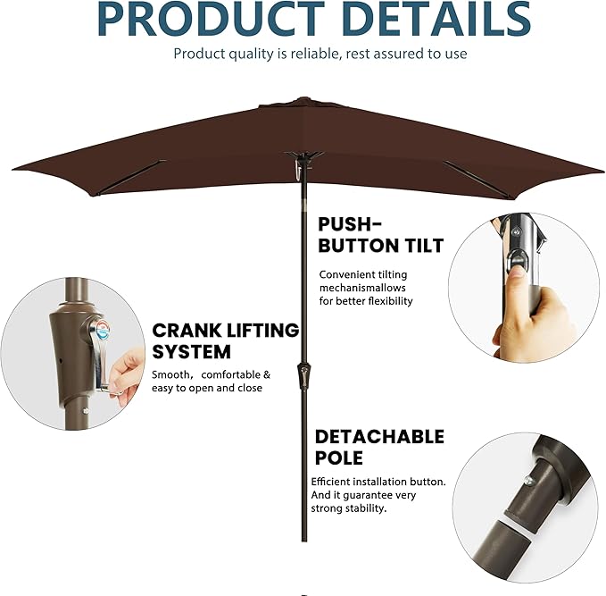 6.5x10FT Rectangular Patio Umbrella with Push Button Tilt & Crank Lift for Garden,UV Protection Outdoor Umbrella for Deck,Pool and Yard,Brown