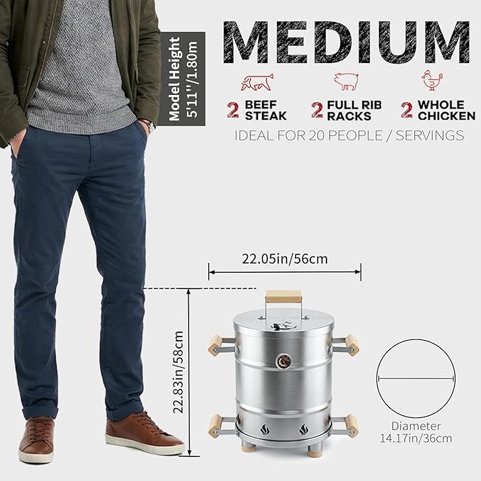 Mini Vertical Barrel Smoker & Grill Combo (6 LBS) | Food-Grade 304 Stainless Steel with Meat Hooks & Grate | Safe Rolled-Edge Design | Portable Charcoal Meat Roaster for Balcony & Backyard