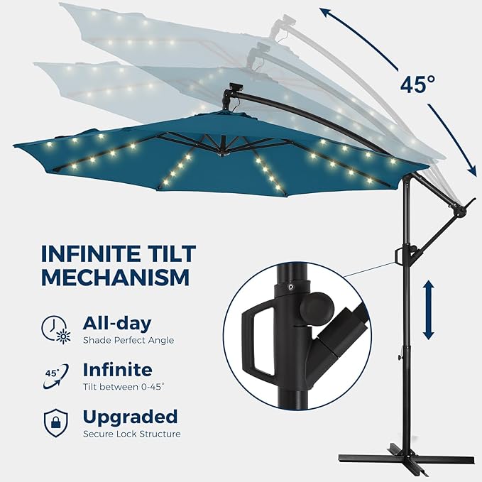 HOMSHADE 10ft Solar Lights Offset Cantilever Patio Umbrella - with Light and Base, LED Lighted Offset Hanging Patio Outdoor Market Umbrella UPF50+ UV Protection with Easy Tilt and Crank (Peacock Blue)