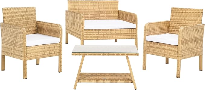 SAFAVIEH Outdoor Collection Aboka Natural/White Cushion 4-Piece Conversation Patio Set PAT7505D