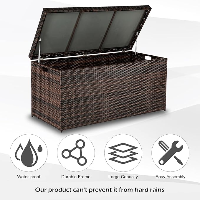Bonnlo 132 Gallon Wicker Storage Box - Outdoor Rattan Deck Box with Bench Seat, Multi-Use Storage for Patio, Pool, Garden, Balcony
