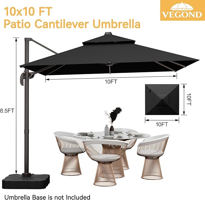 10x10 FT Patio Cantilever Umbrella (Base Not Included) (Base Not Included), Rectangular Heavy Duty Offset Umbrella for 6-8 People, 360°Rotation & Mult Tilt, Double Top Design, for Pool Garden Deck (Black)