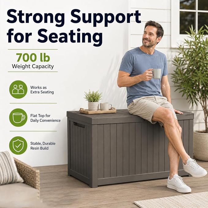 Outdoor Deck Patio Storage Box - 280 Gallon Large Outdoor Deck Box, Plastic Storage Bin with Lid, Outside Toy Box & Pool Storage Container for Cushions, Garden Tools, Towel, Brown