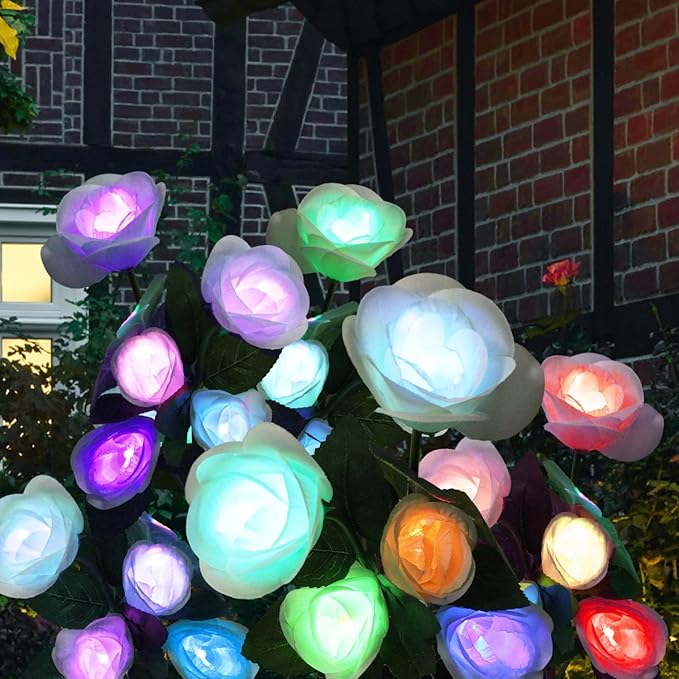 Solar Garden Lights Outdoor - Solar Flowers Lights Outdoor Decorative Waterproof, 40 Hour Coloring Changing White Rose Yard Pathway Light Solar Powered, Cemetery Decoration, Backyard Decor, 4pcs