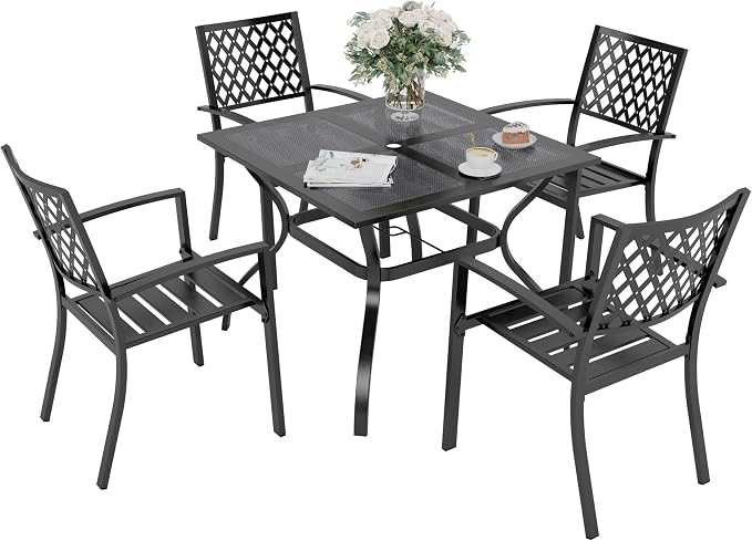 PHI VILLA Patio Dining Set for 4, Stackable Chairs&Square Steel Table | 37" Black Square Wrought Iron Table&Stackable Metal Steel Chairs,Outside Furniture Set for Patio,Deck,Backyard,Porch