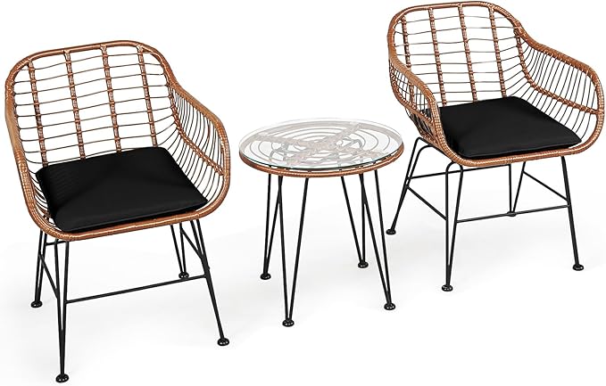 DORTALA 3 Piece Patio Bistro Set, Outdoor Wicker Furniture with Round Tempered Glass Top Table & 2 Rattan Armchairs, Cushions, Conversation Set for Porch, Backyard, Garden, Black