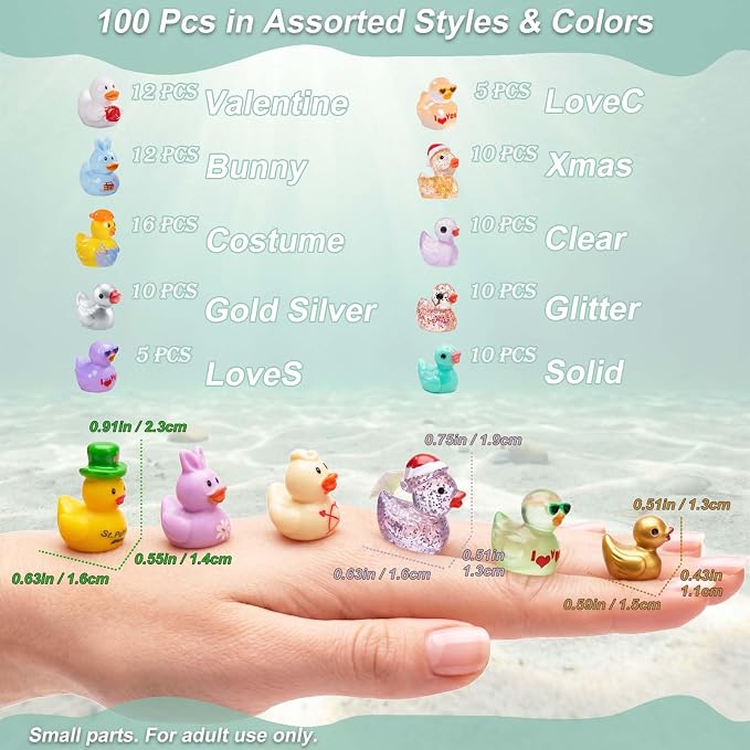 Assorted Mini Resin Duck Figurines 100 Pack, Mixed Styles & Colors Tiny Ducks to Hide, Little Ornaments, Miniature Animals for Fairy Garden, DIY Crafts, Micro Landscape & Desk Décor