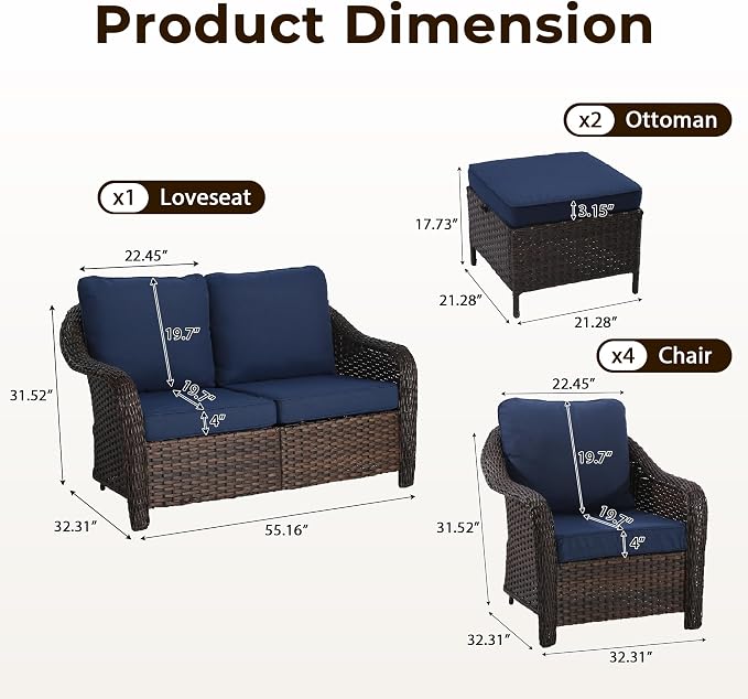 7 Piece Patio Wicker Conversation Set, All-Weather Use Outdoor Wicker Loveseat with 4 PE Rattan Ottomans,4 Chair, Ideal for Porch, Backyard, Balcony, Poolside, Blue